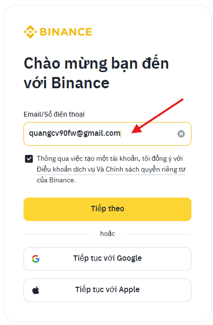 Nhập email đăng ký sàn binance
