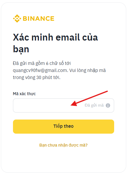 nhập mã xác nhận đăng ký sàn Binance