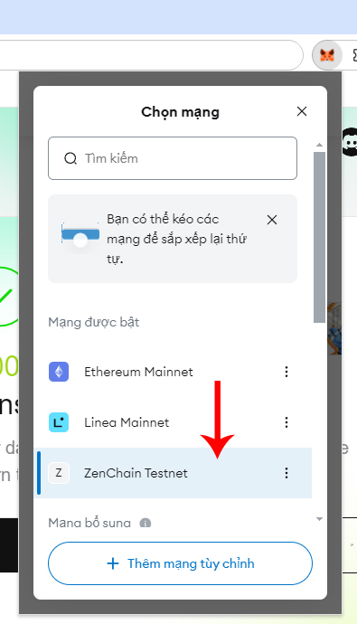 Chuyển mạng Zenchain Testnet